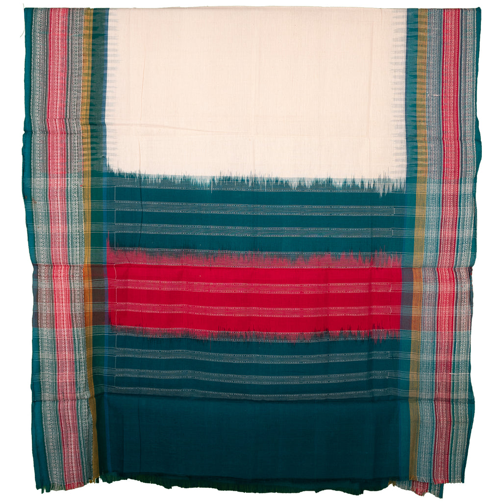 Off White & Teal Blue Geometric Sambalpuri Single Ikat Cotton Dupatta