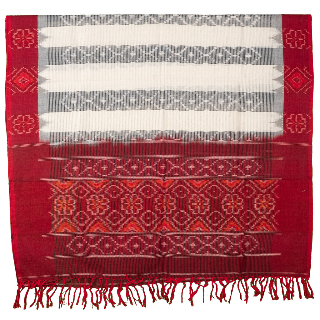 Off White & Maroon Red Geometric Floral Sambalpuri Single Ikat Cotton Dupatta