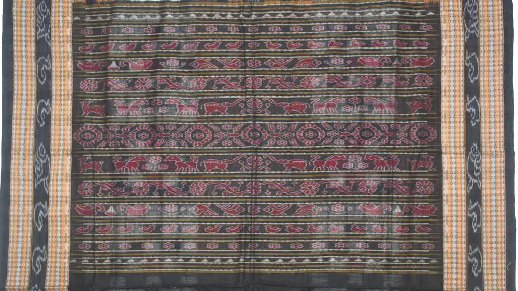 Jet Black & Crimson Red Geometric Checkerboard Bichitrapuri Double Ikat Cotton Saree
