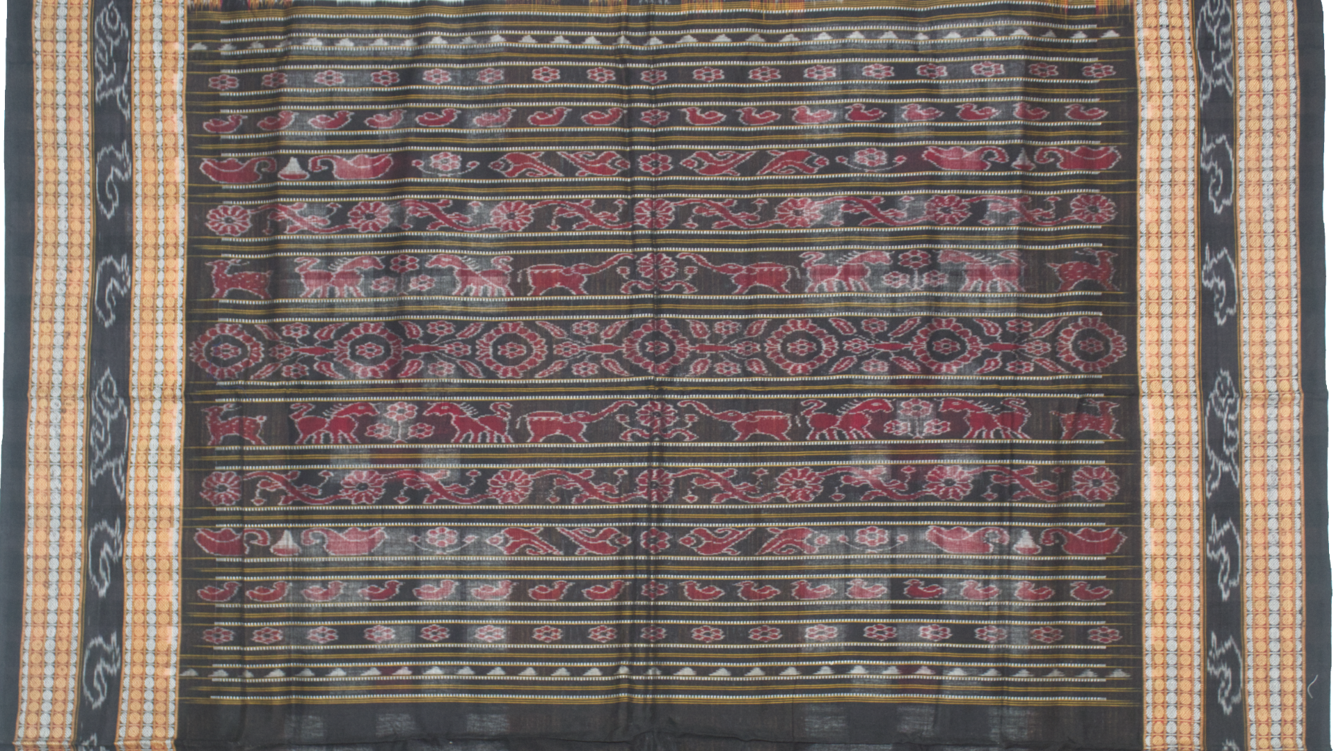 Jet Black & Crimson Red Geometric Checkerboard Bichitrapuri Double Ikat Cotton Saree