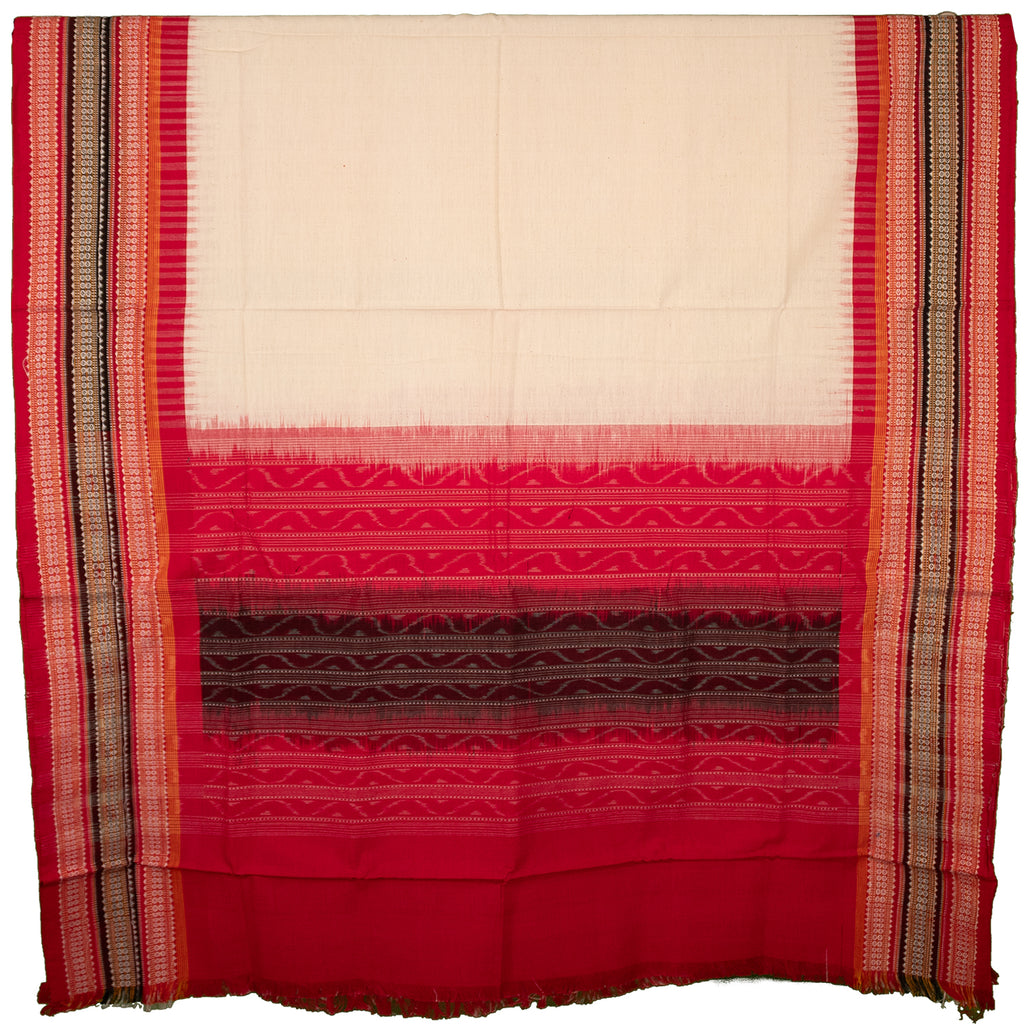 Ivory & Crimson Red Geometric Sambalpuri Single Ikat Cotton Dupatta