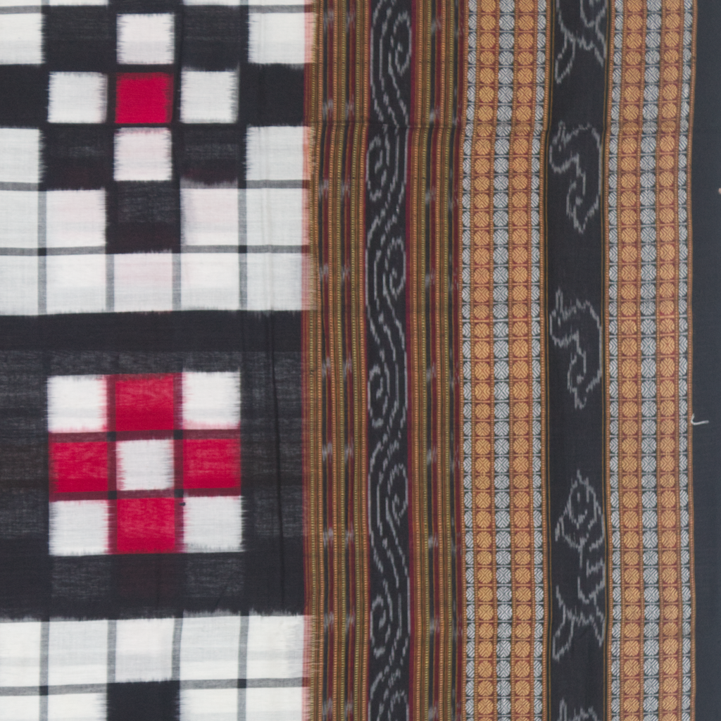 Jet Black & Crimson Red Geometric Checkerboard Bichitrapuri Double Ikat Cotton Saree