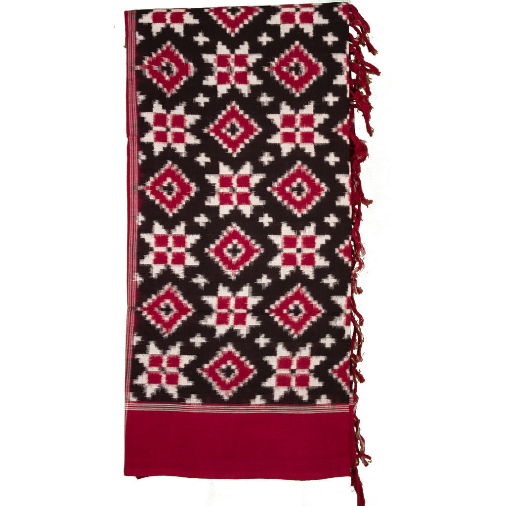 Crimson Red & Charcoal Black Geometric Telia Rumal Double Ikat Cotton Dupatta