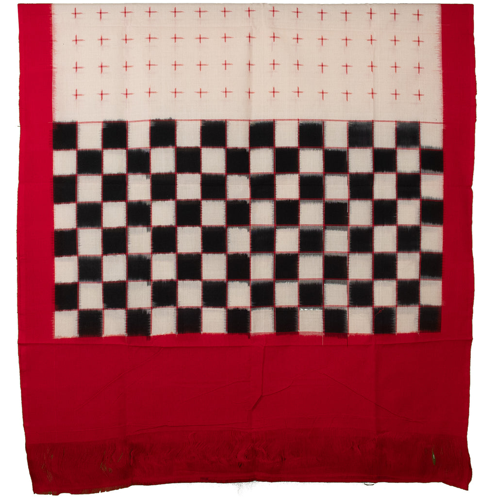 Crimson Red & Jet Black Checkerboard Bichitrapuri Double Ikat Cotton Dupatta