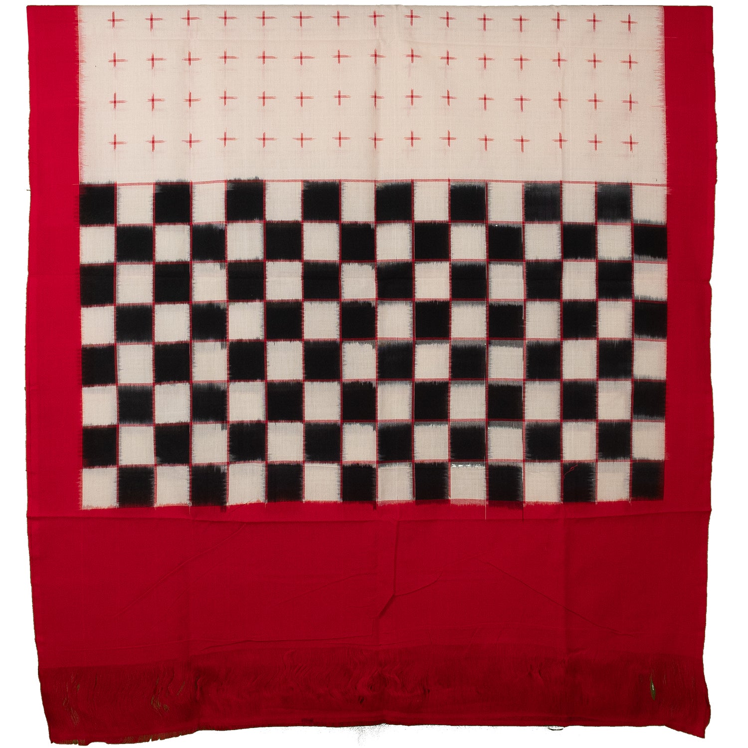 Crimson Red & Jet Black Checkerboard Bichitrapuri Double Ikat Cotton Dupatta