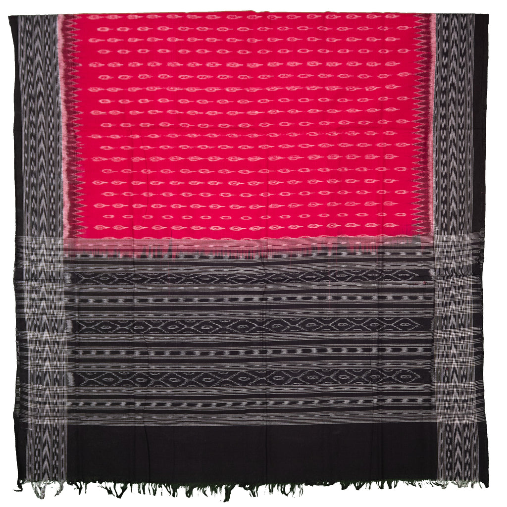Magenta Pink & Raven Black Traditional Geometric Sambalpuri Double Ikat Cotton Dupatta
