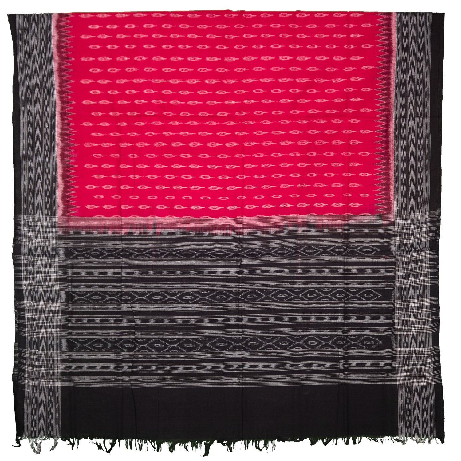 Magenta Pink & Raven Black Traditional Geometric Sambalpuri Double Ikat Cotton Dupatta