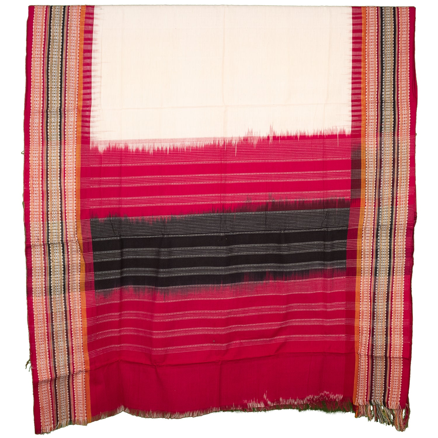 Off-White & Maroon Red Striped Kotpad Single Ikat Cotton Dupatta