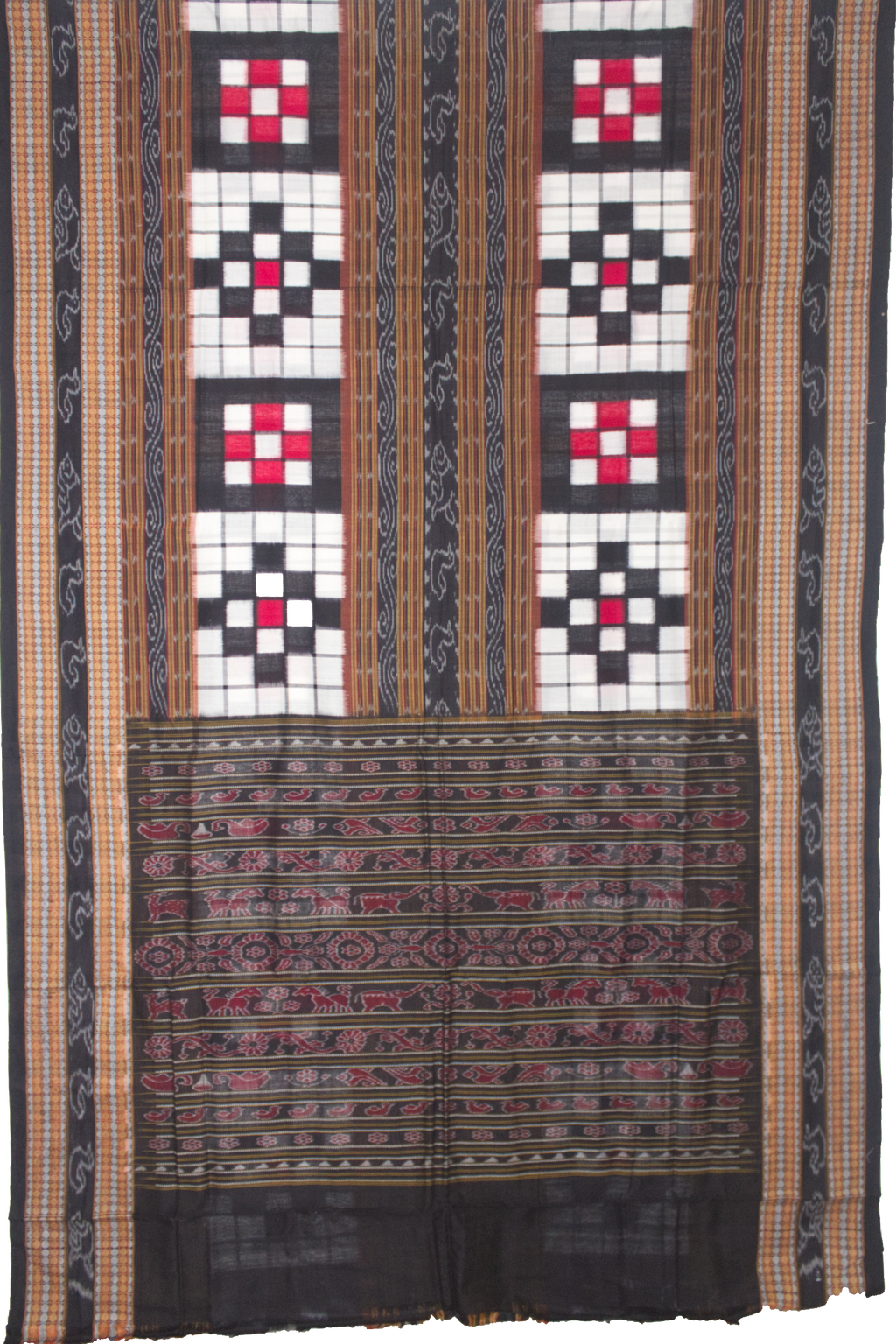 Jet Black & Crimson Red Geometric Checkerboard Bichitrapuri Double Ikat Cotton Saree