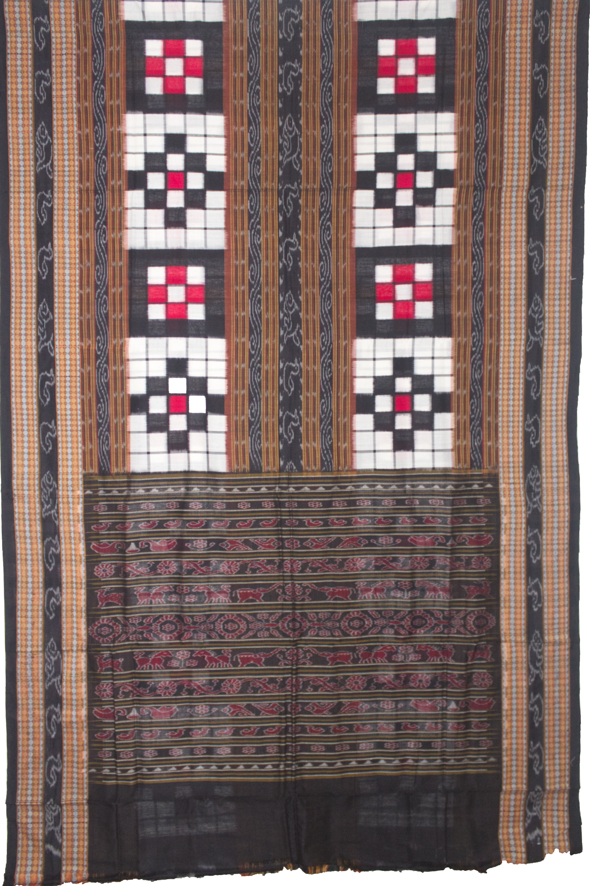 Jet Black & Crimson Red Geometric Checkerboard Bichitrapuri Double Ikat Cotton Saree
