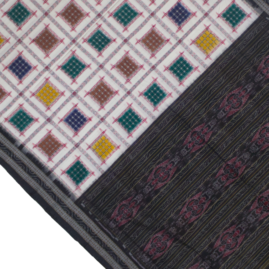 Off-White & Charcoal Black Geometric Sambalpuri Double Ikat Cotton Saree