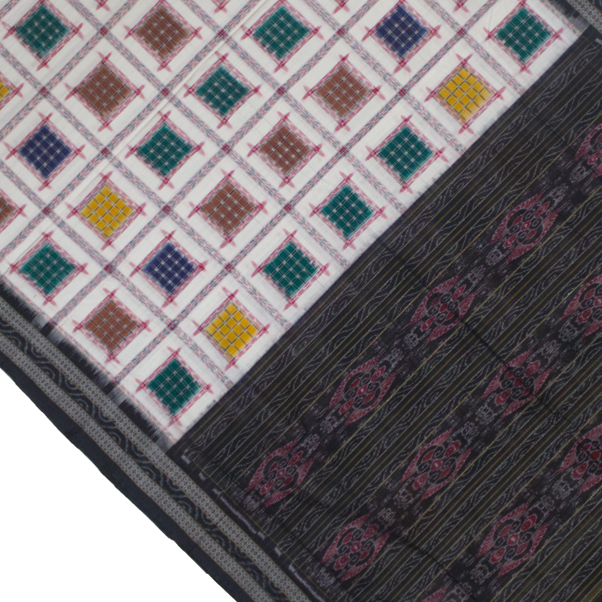Off-White & Charcoal Black Geometric Sambalpuri Double Ikat Cotton Saree