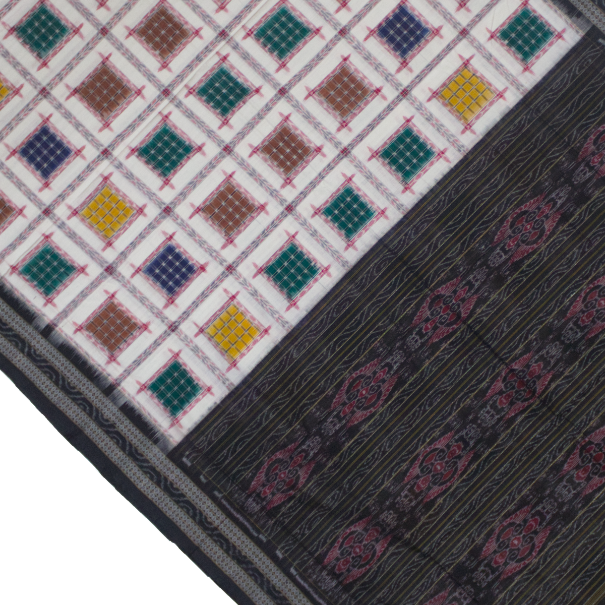 White Multicolor Check Handloom Cotton Bichitrapuri Sambalpuri Saree.
