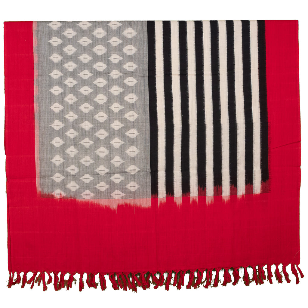 Crimson Red & Steel Grey Geometric Pochampally Single Ikat Cotton Dupatta