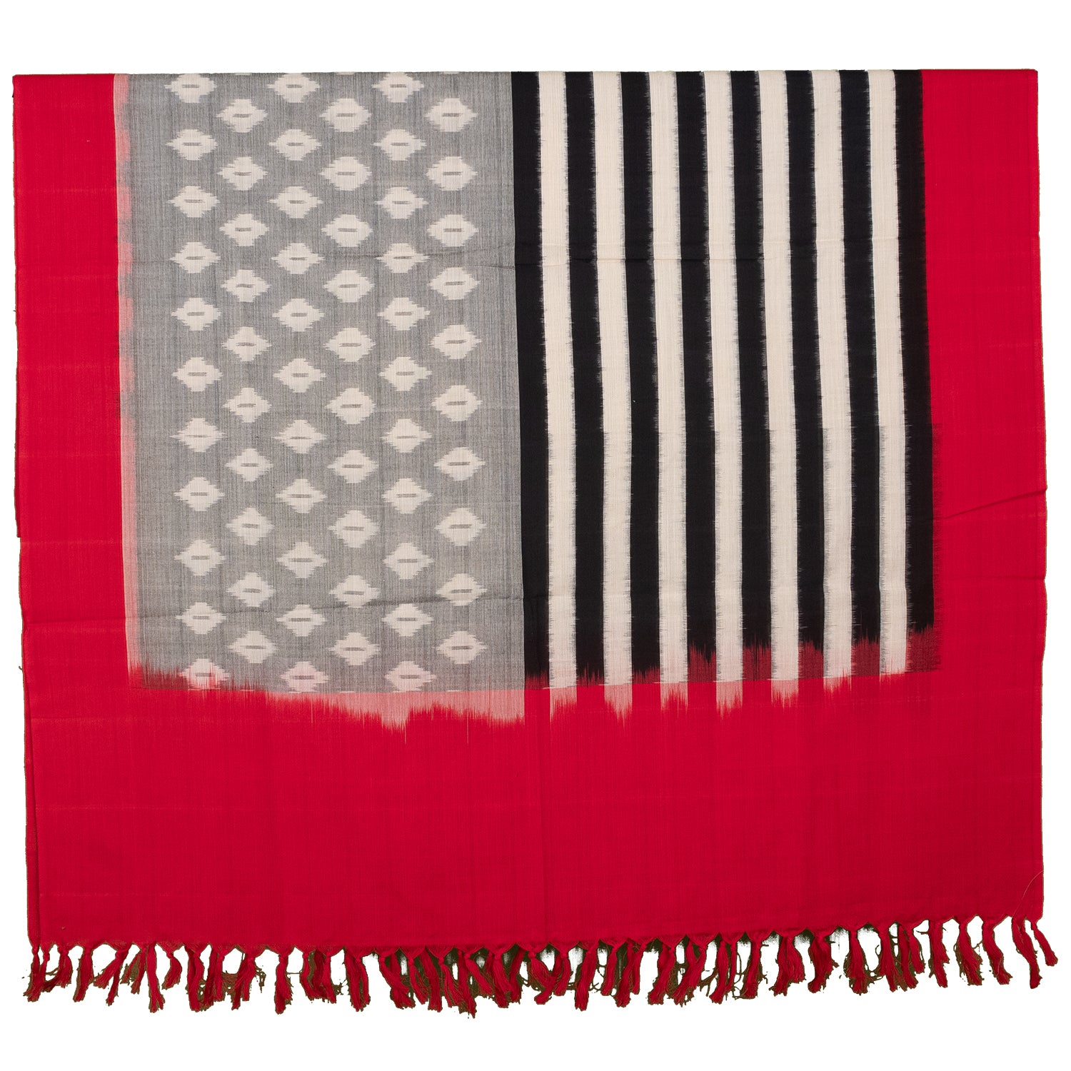 Crimson Red & Steel Grey Geometric Pochampally Single Ikat Cotton Dupatta