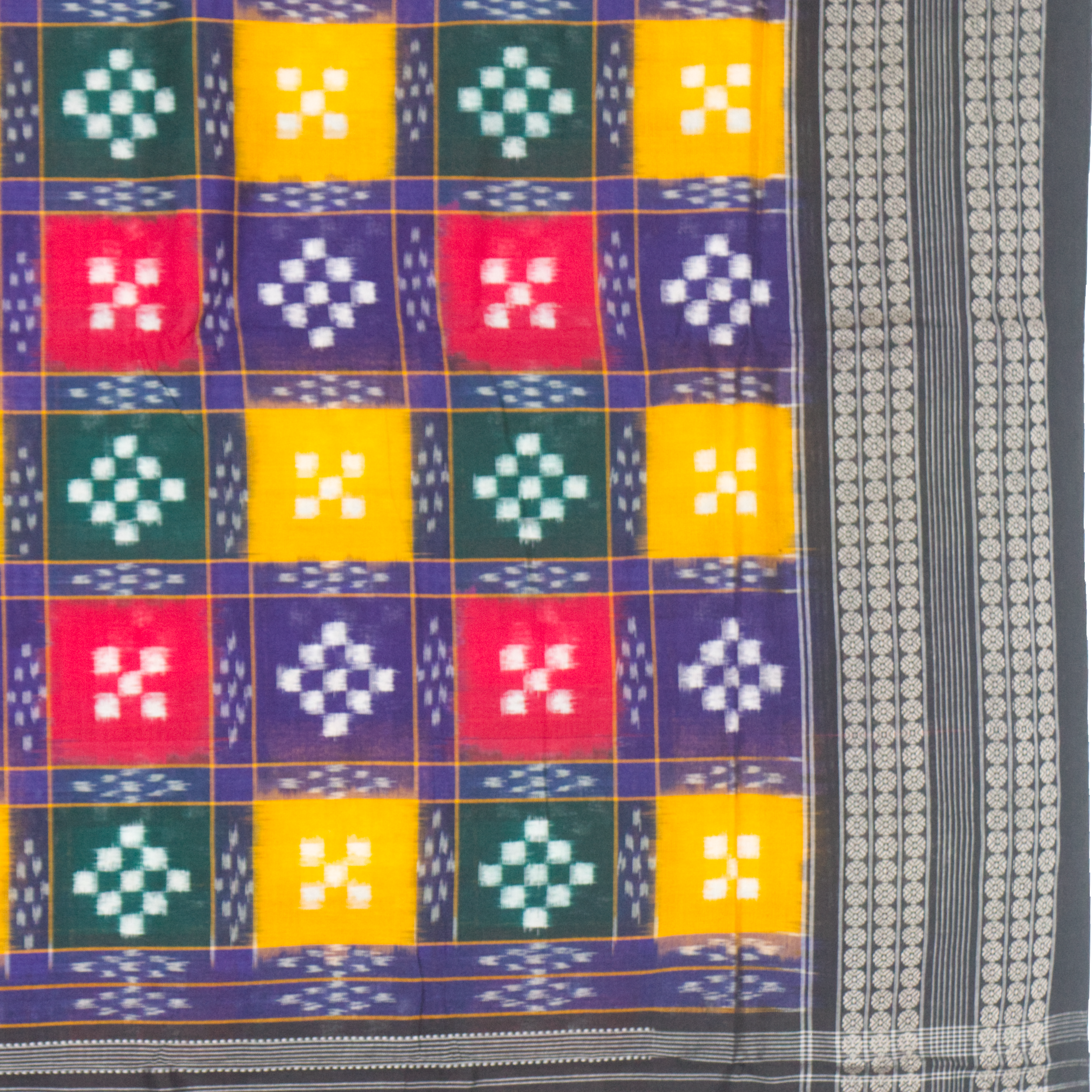 Vibrant Handloom Ikat Saree with Checkered Body & Traditional Pallu
