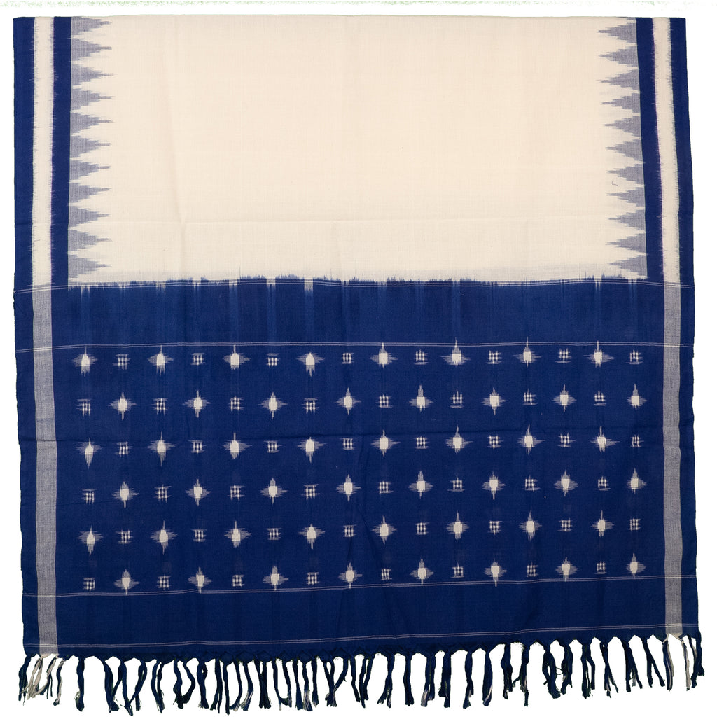 Ivory White & Indigo Blue Geometric Sambalpuri Single Ikat Cotton Dupatta