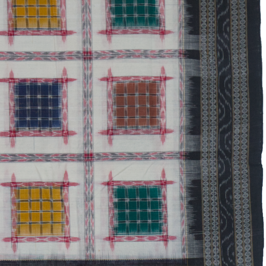 Off-White & Charcoal Black Geometric Sambalpuri Double Ikat Cotton Saree
