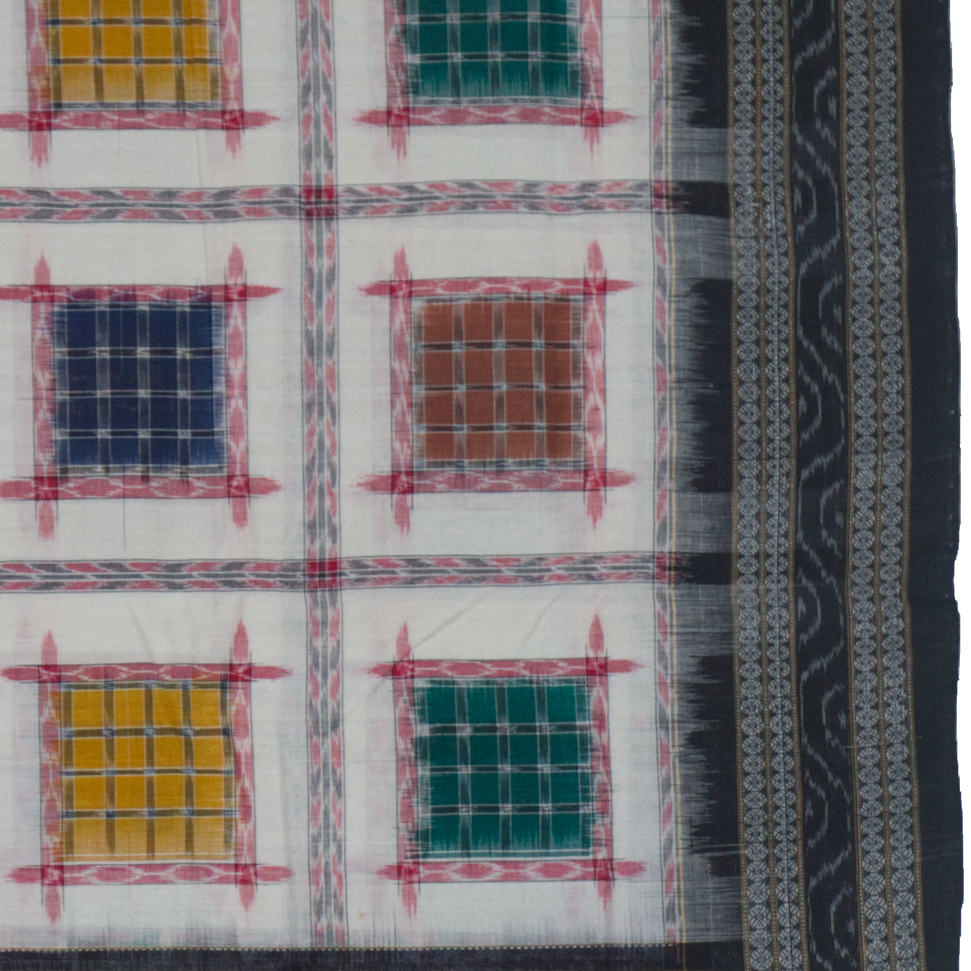 Off-White & Charcoal Black Geometric Sambalpuri Double Ikat Cotton Saree