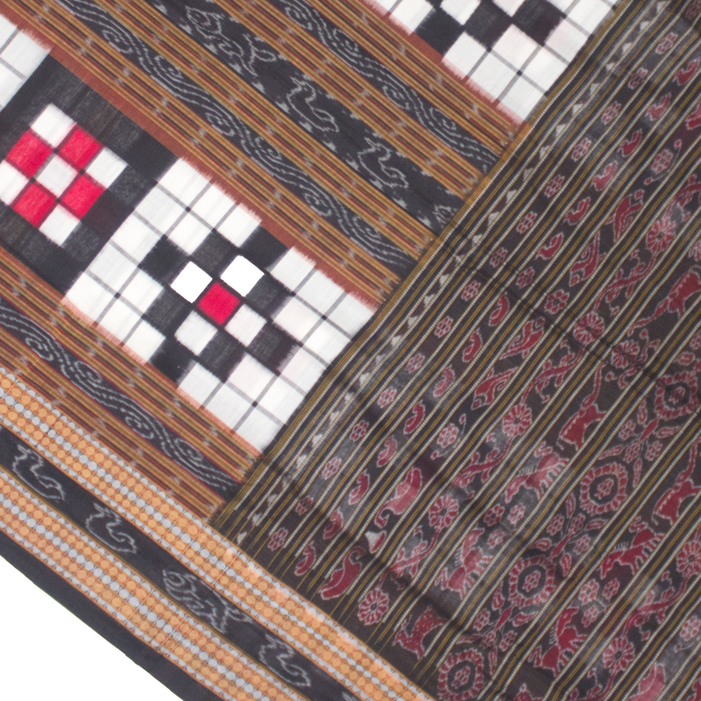 Jet Black & Crimson Red Geometric Checkerboard Bichitrapuri Double Ikat Cotton Saree
