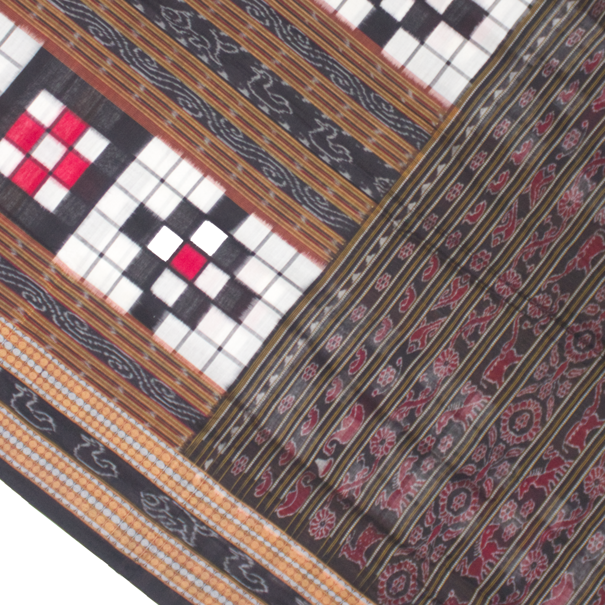 Jet Black & Crimson Red Geometric Checkerboard Bichitrapuri Double Ikat Cotton Saree