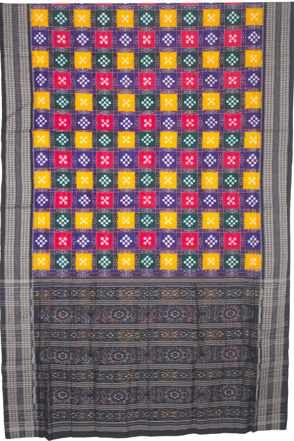 Vibrant Handloom Ikat Saree with Checkered Body & Traditional Pallu
