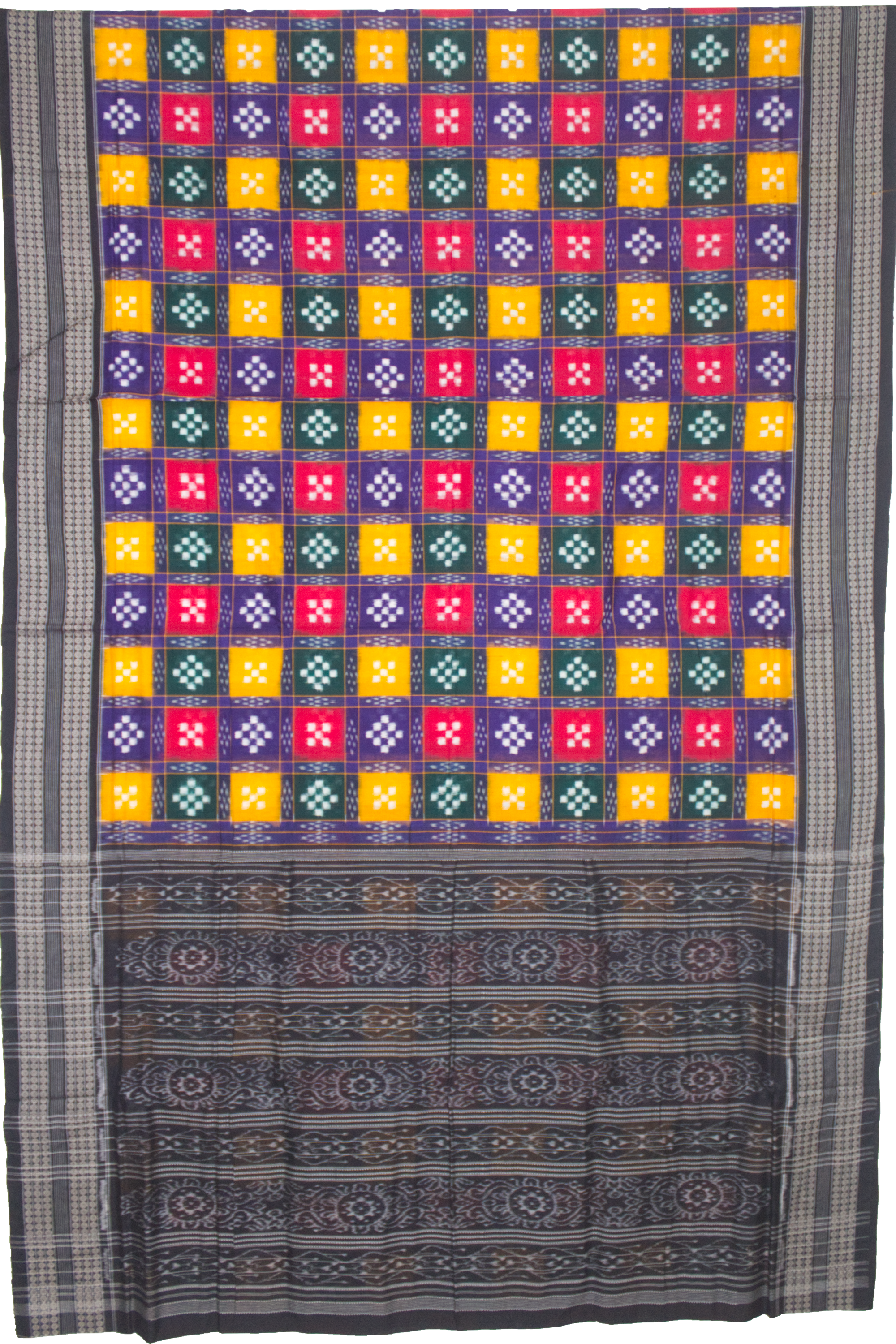 Vibrant Handloom Ikat Saree with Checkered Body & Traditional Pallu