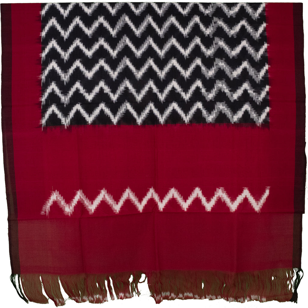 Crimson Red & Charcoal Black Zigzag Geometric Sambalpuri Single Ikat Cotton Dupatta
