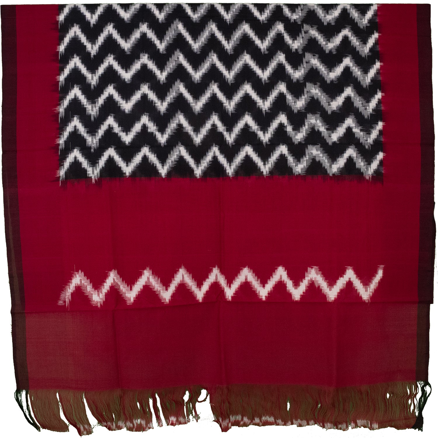 Crimson Red & Charcoal Black Zigzag Geometric Sambalpuri Single Ikat Cotton Dupatta