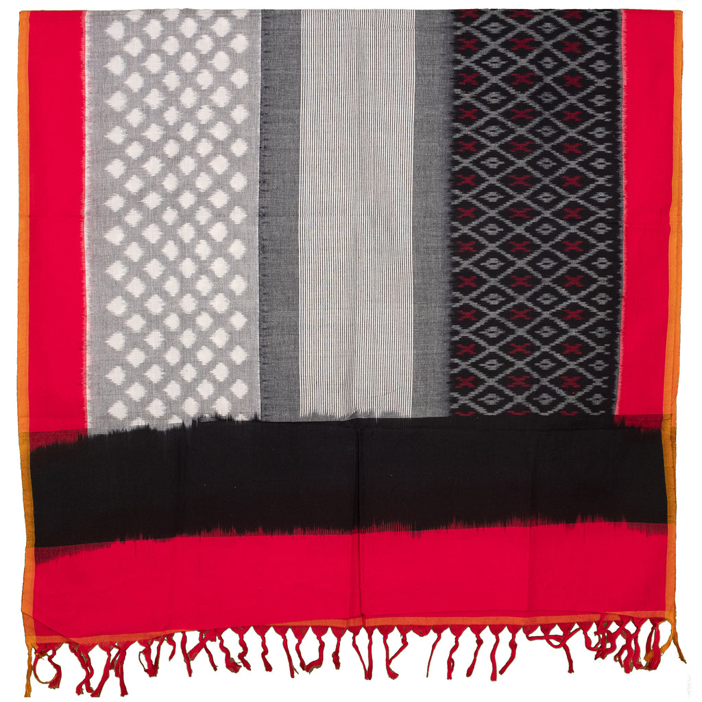 Crimson Red & Jet Black Geometric Sambalpuri Double Ikat Cotton Dupatta