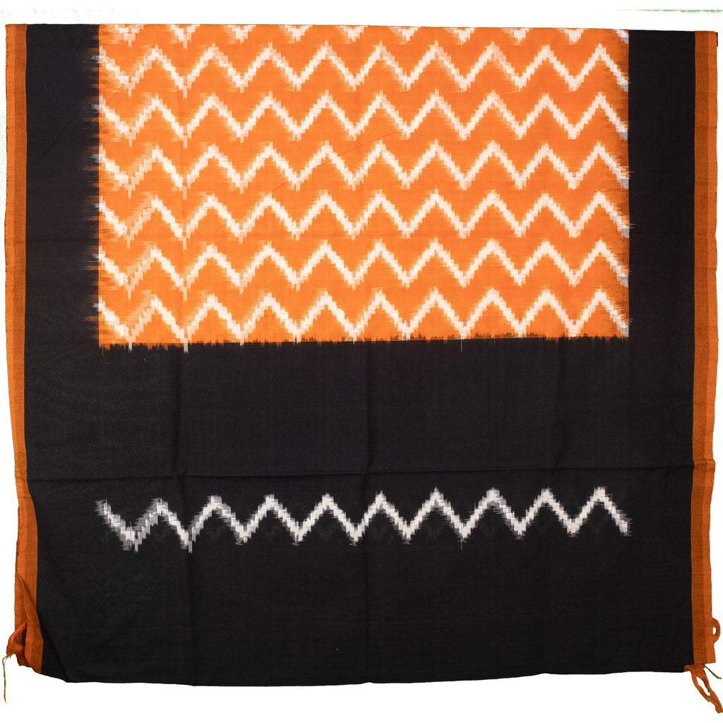 Pumpkin Orange & Coal Black Zigzag Pochampally Single Ikat Cotton Dupatta