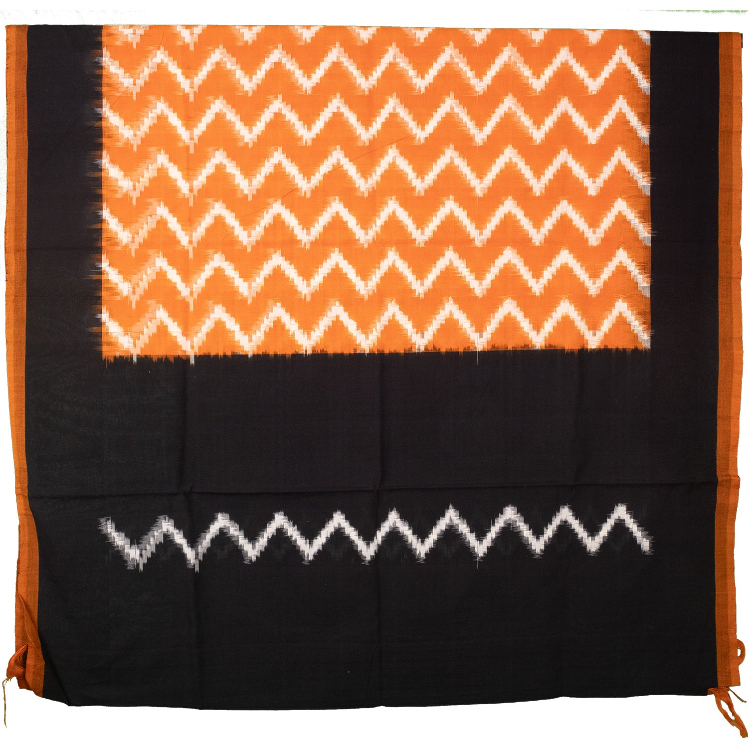 Pumpkin Orange & Coal Black Zigzag Pochampally Single Ikat Cotton Dupatta