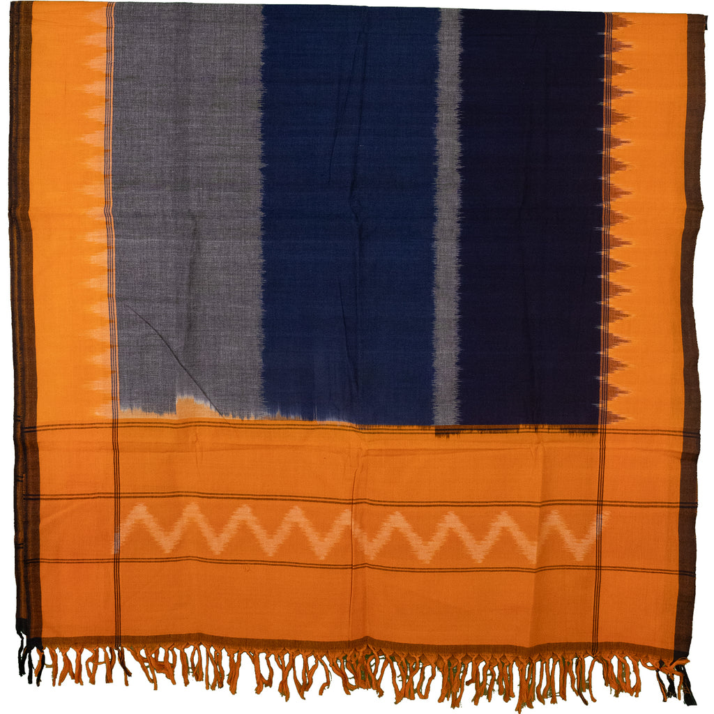 Navy Blue & Mustard Yellow Chevron & Striped Sambalpuri Single Ikat Cotton Dupatta