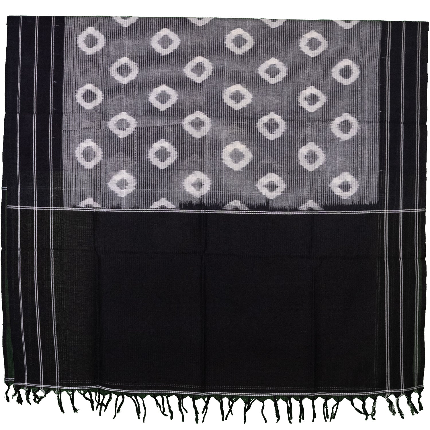 Jet Black & Pristine White Geometric Sambalpuri Single Ikat Cotton Dupatta