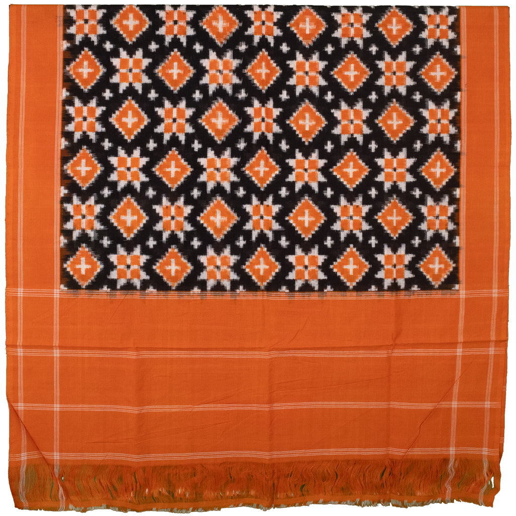 Jet Black & Tangerine Orange Geometric Pasapalli Sambalpuri Double Ikat Cotton Dupatta