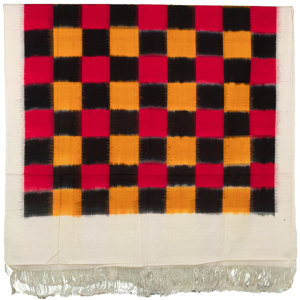 Crimson Red & Charcoal Black Checkered Grid Pochampally Double Ikat Cotton Dupatta