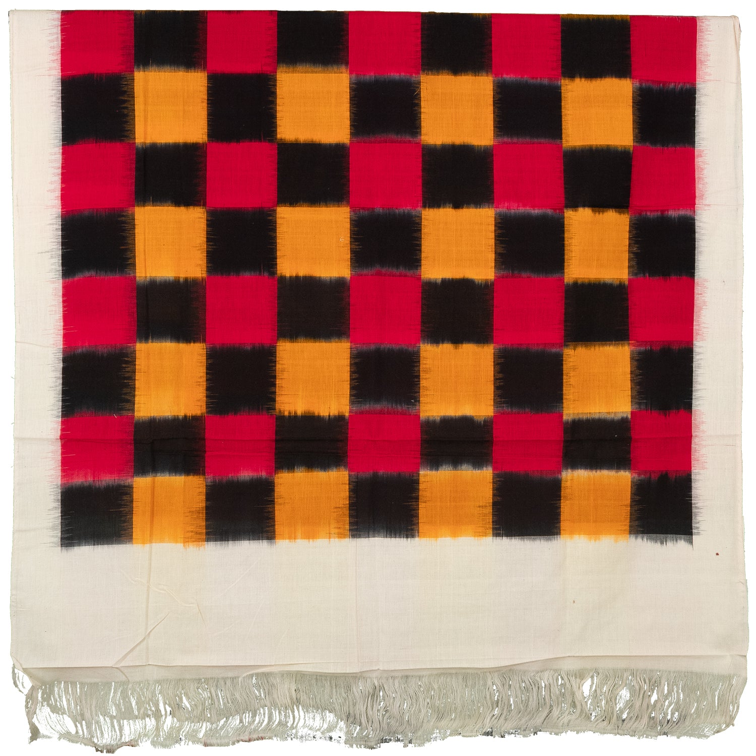Crimson Red & Charcoal Black Checkered Grid Pochampally Double Ikat Cotton Dupatta