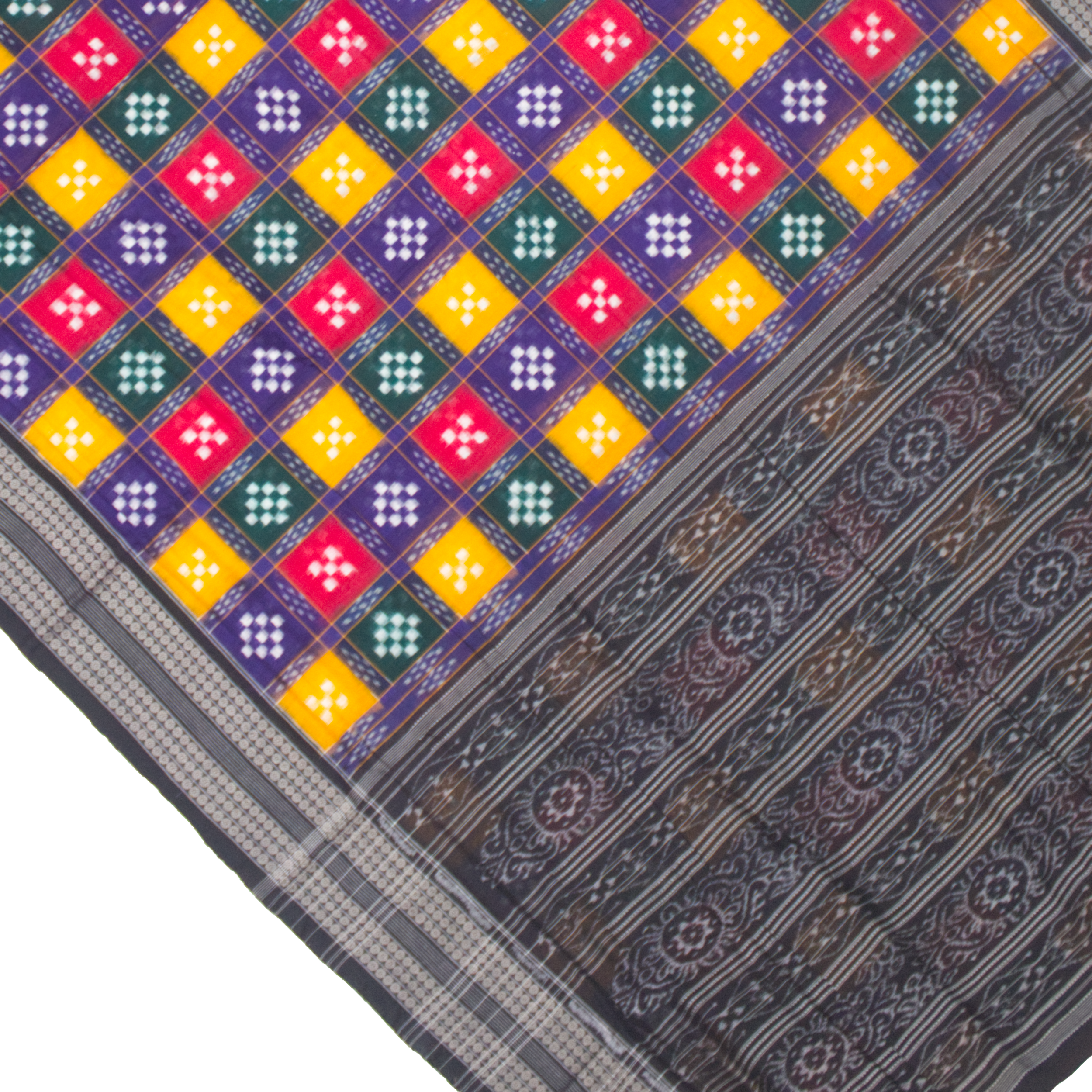 Vibrant Handloom Ikat Saree with Checkered Body & Traditional Pallu