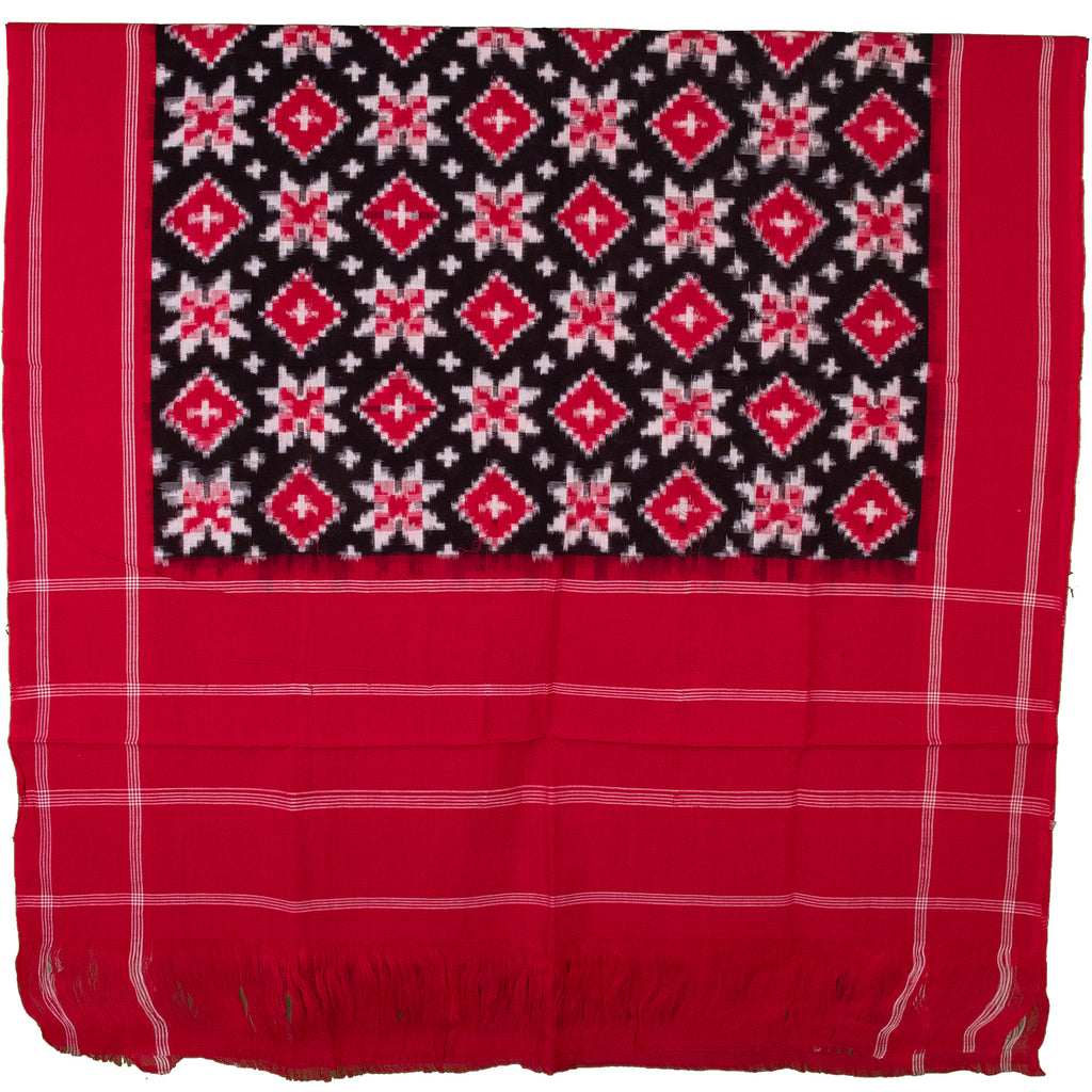 Crimson Red & Raven Black Geometric Telia Rumal Double Ikat Cotton Dupatta