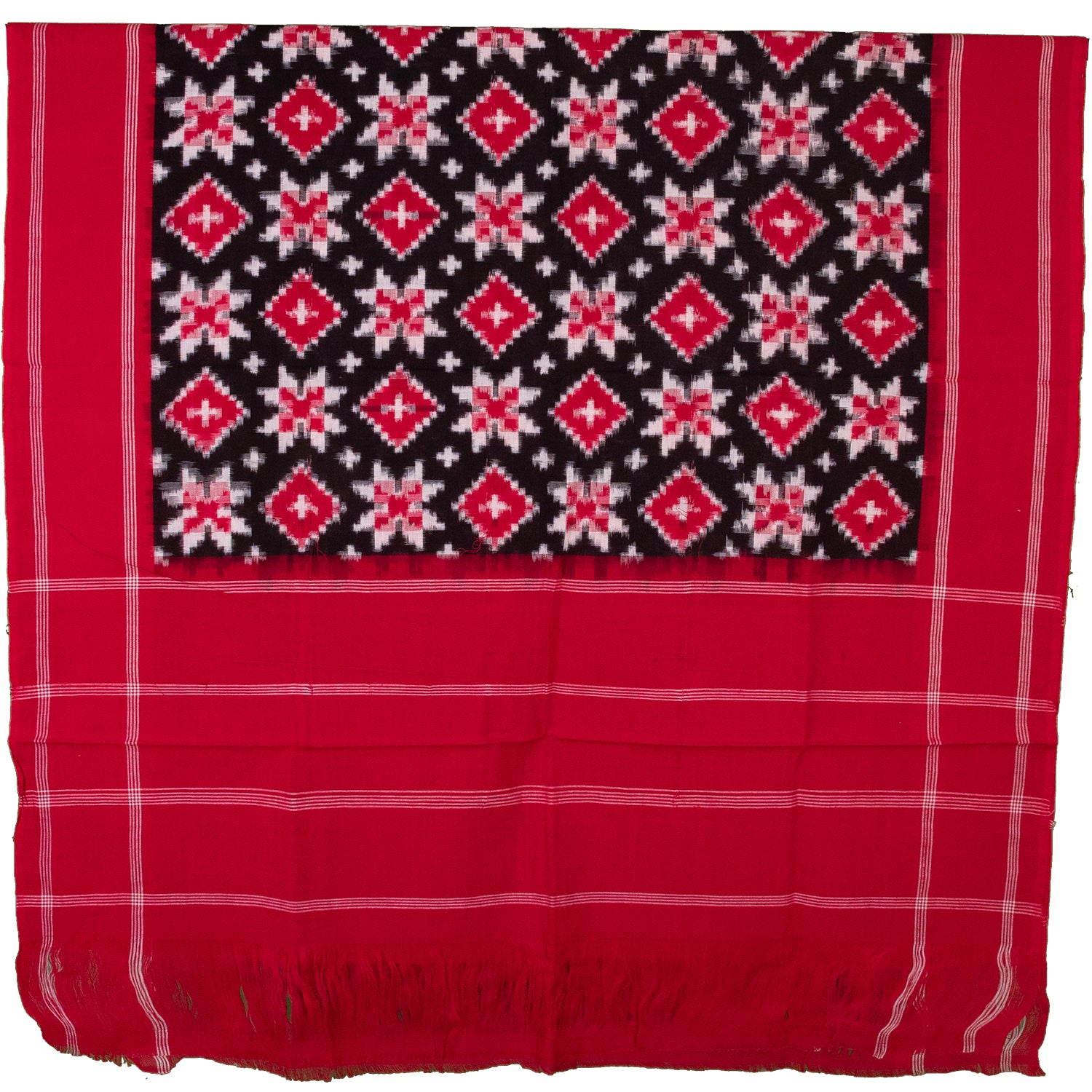 Crimson Red & Raven Black Geometric Telia Rumal Double Ikat Cotton Dupatta