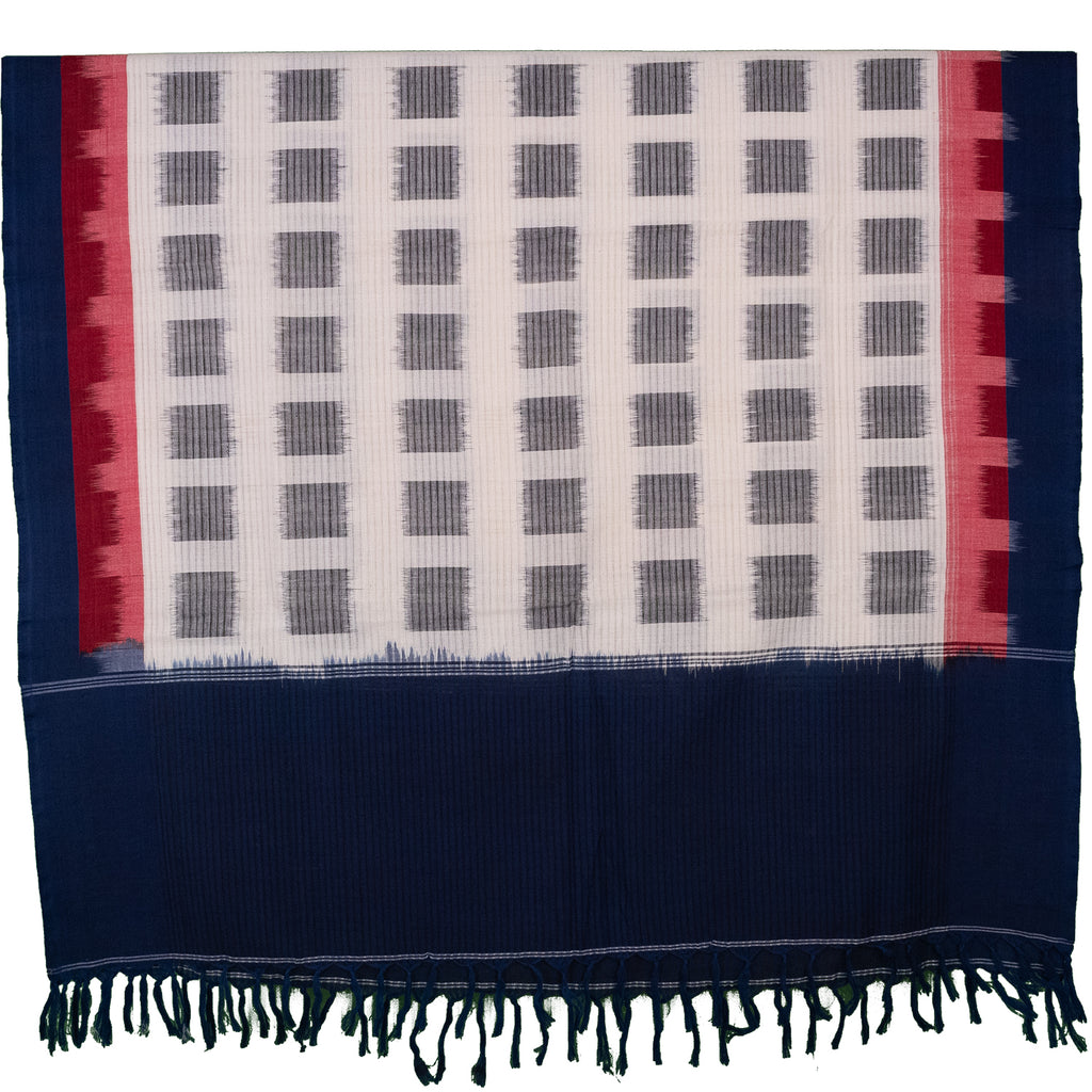 Indigo Blue & Pristine White Grid Sambalpuri Single Ikat Cotton Dupatta