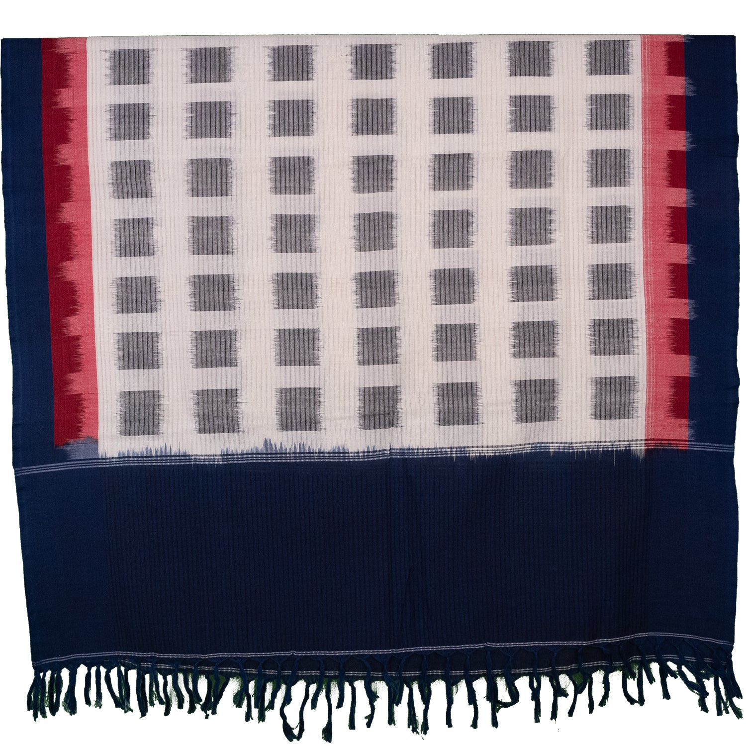 Indigo Blue & Pristine White Grid Sambalpuri Single Ikat Cotton Dupatta