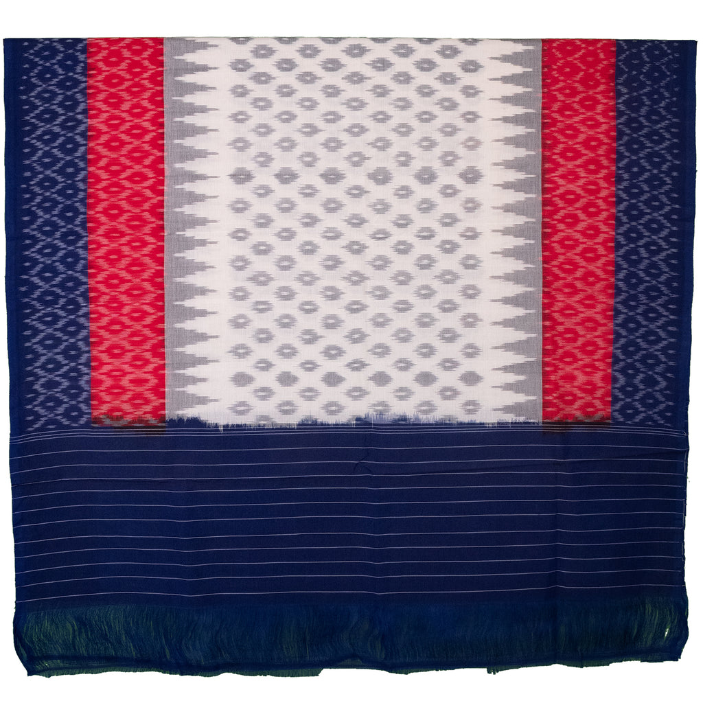 Navy Blue & Crimson Red Geometric Diamond Pochampally Single Ikat Cotton Dupatta