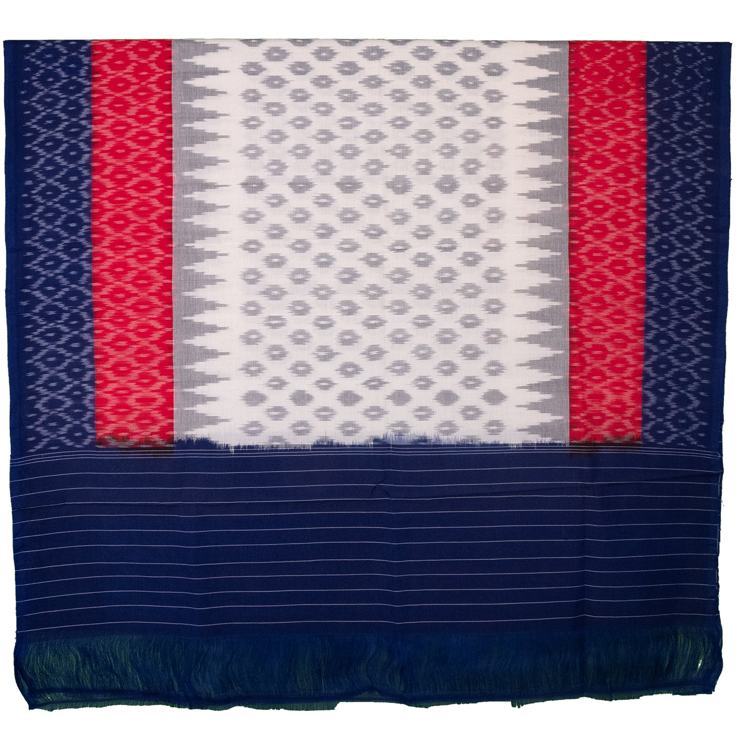 Navy Blue & Crimson Red Geometric Diamond Pochampally Single Ikat Cotton Dupatta