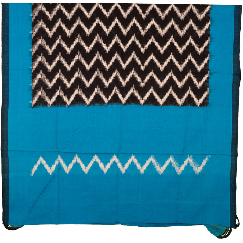 Cyan Blue & Coal Black Zigzag Pochampally Single Ikat Cotton Dupatta