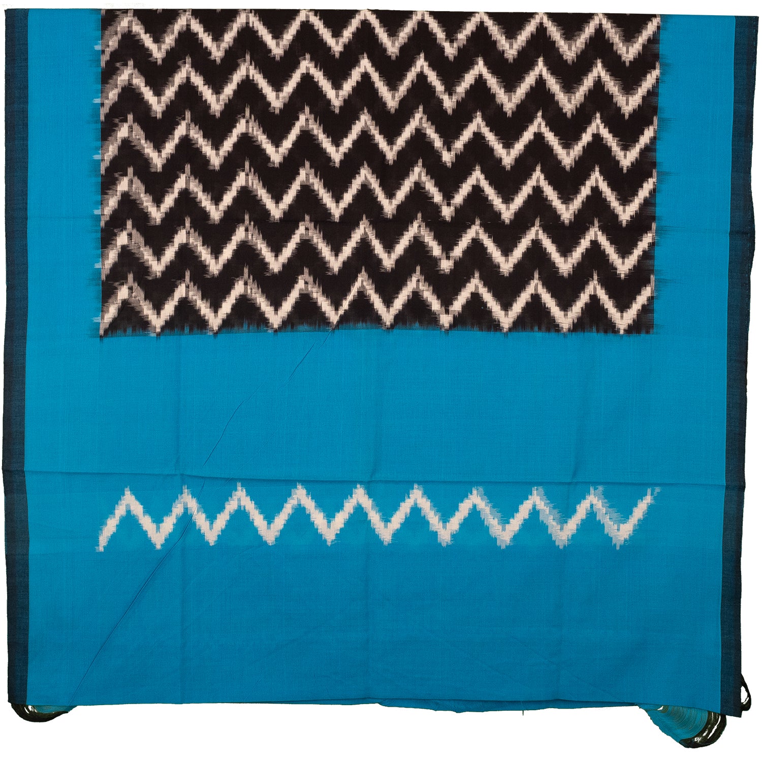 Cyan Blue & Coal Black Zigzag Pochampally Single Ikat Cotton Dupatta