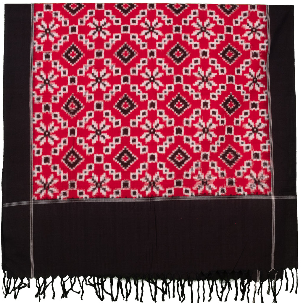 Crimson Red & Charcoal Black Geometric Telia Rumal Double Ikat Cotton Dupatta