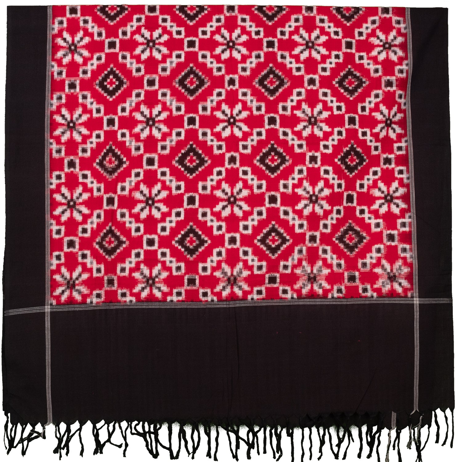 Crimson Red & Charcoal Black Geometric Telia Rumal Double Ikat Cotton Dupatta