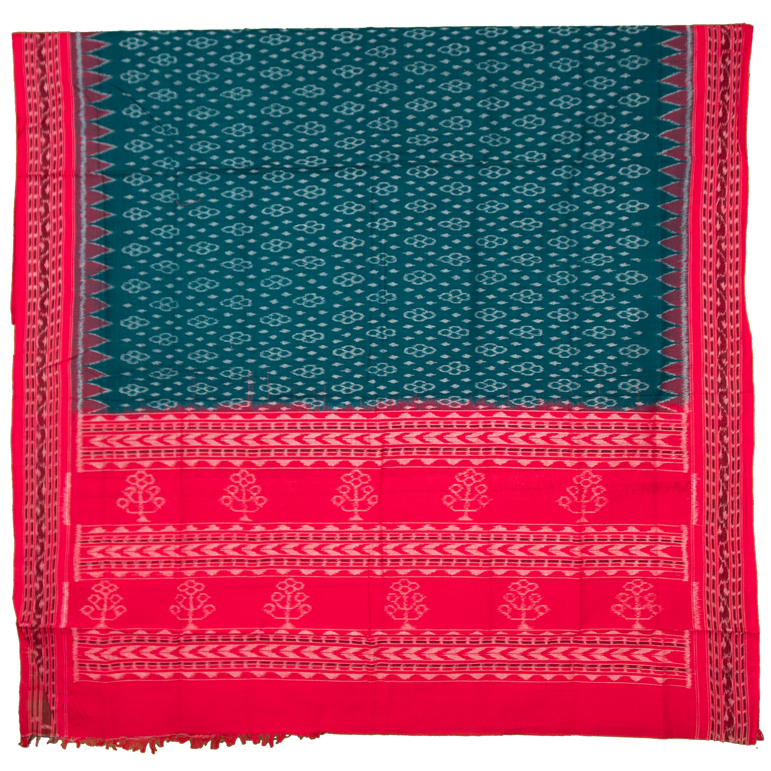 Teal Green & Ruby Red Floral Sambalpuri Single Ikat Cotton Dupatta