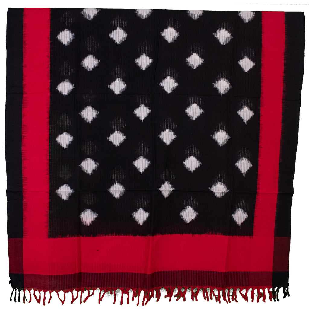 Jet Black & Crimson Red Geometric Diamond Sambalpuri Single Ikat Cotton Dupatta